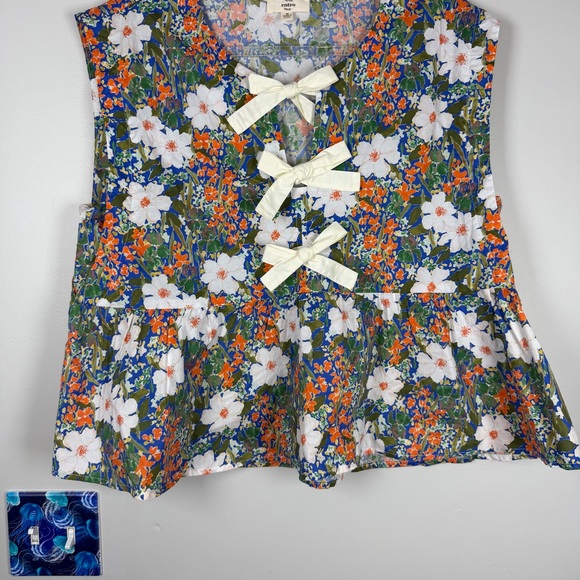 Entro Boutique Floral Sleeveless Bow Peplum Top Shirt T24095 Medium Blue Orange - Picture 5 of 10